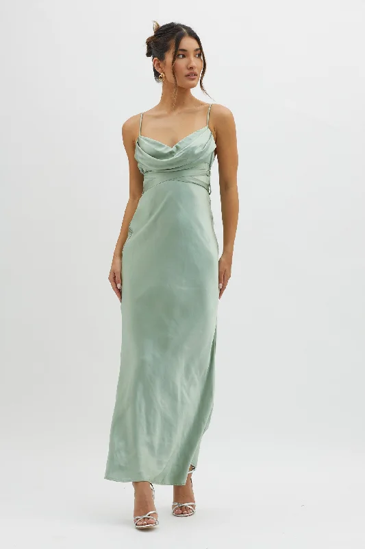 Starring Role Cowl Bust Waist Tie Dress Sage Compression