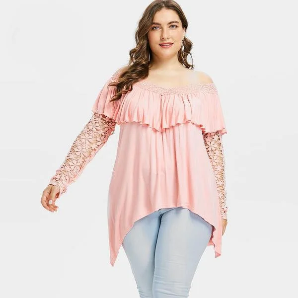 ANALUKE Lace Sleeve Ruffle Top Women Long Sleeve T-Shirt Refined Women's Hand - crafted