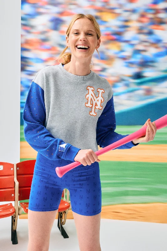 Mets Colorblock Raw Hem Gems Cropped Crew in Blue Women