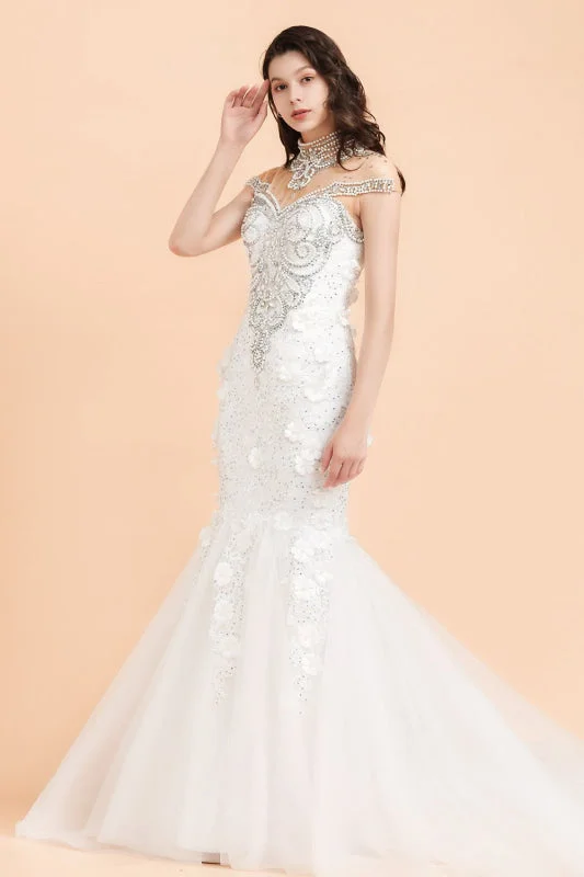 High Neck Appliques Crystal Beads Tulle Mermaid Wedding Dress