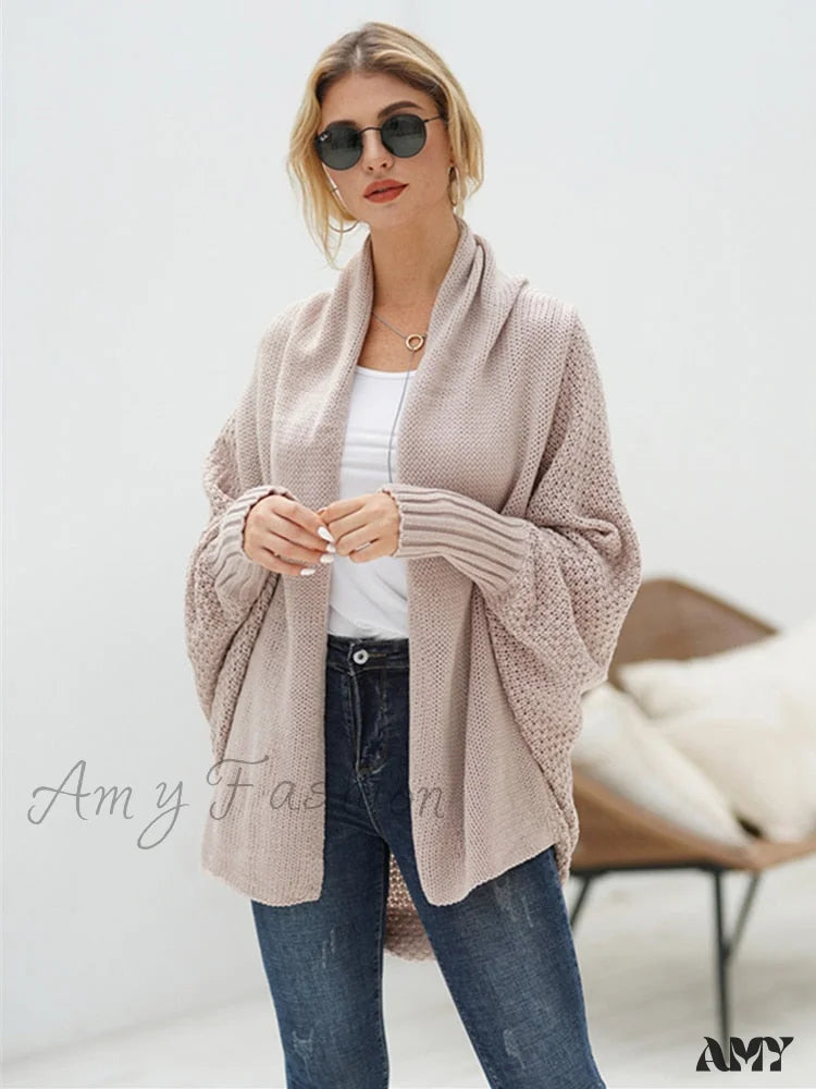 Amy Fashion - Solid Batwing Sleeve Loose-fitting Long Knitted Cardigan Sweater