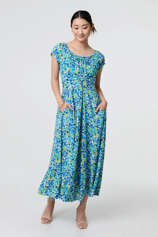 Ditsy Floral Bardot Smock Midi Dress Laid - back Women's Vibe