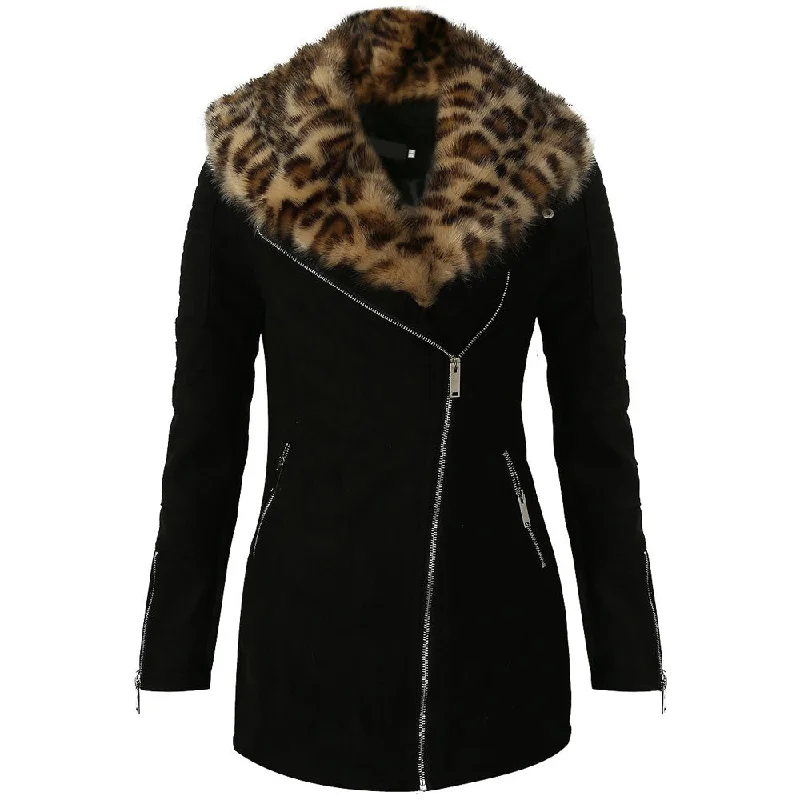 Kia Foleys Suede Leather Jacket With Leopard Print Fur Collar Confident Women's High - fashion