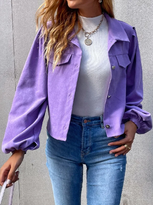 Casual Plain Long Sleeve Collar Crop Women Jacket Street