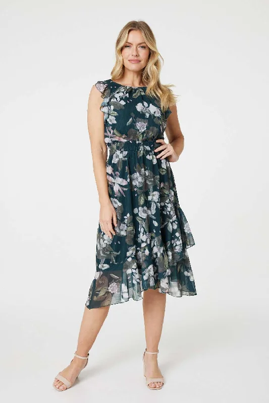 Floral Frill Shirred Midi Dress Hip Women's Retro