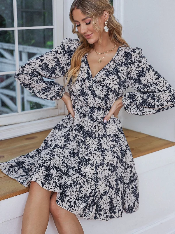 All Over Print Ruffle Hem Long Sleeve V Neck Flounce High Waist Short Dress