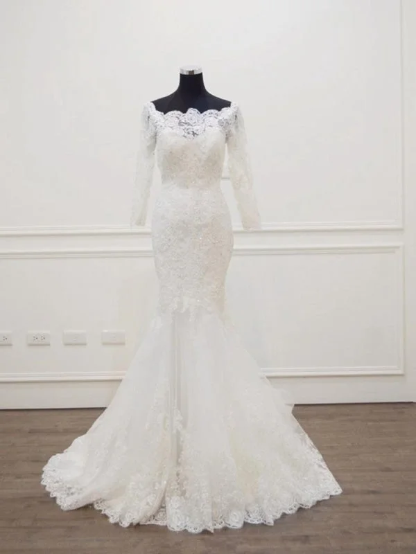 Modest Long Sleeves Sweep Train Lace Mermaid  Wedding Dresses Contemporary 