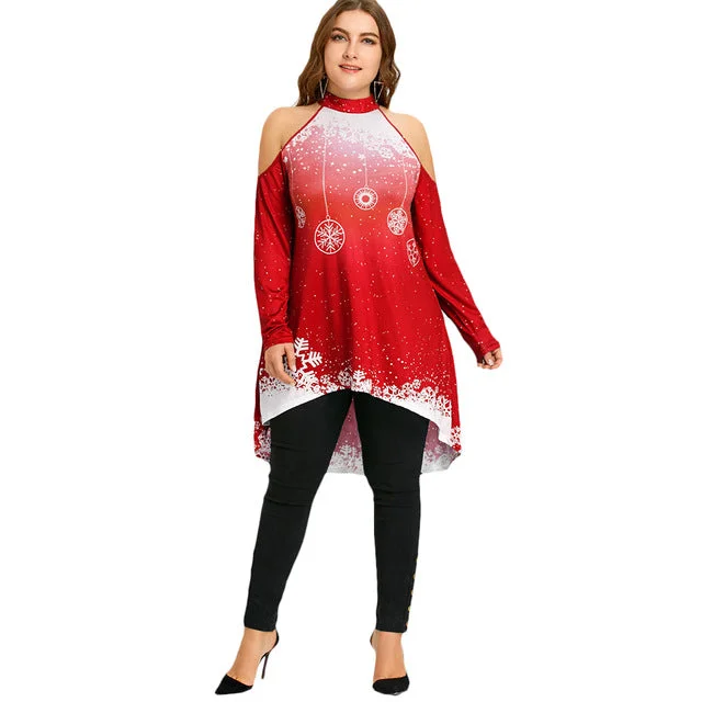 ANALUKE Christmas Cold Shoulder Long Sleeve T-Shirt