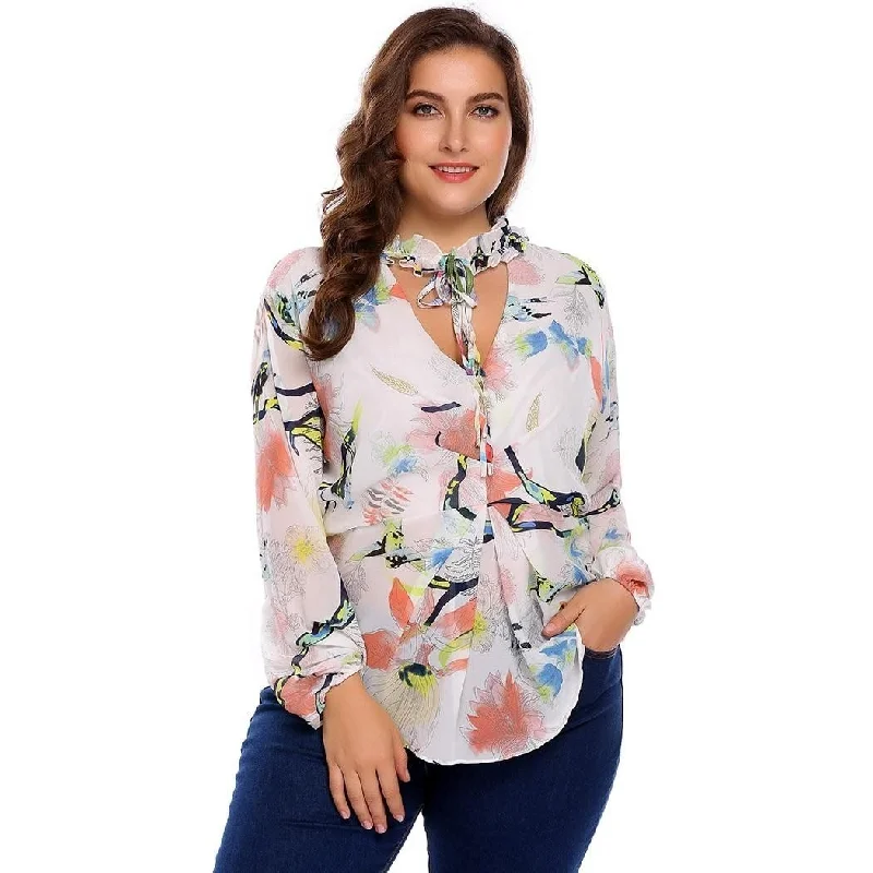 ANALUKE  Dot Floral Tie Long Sleeve T-Shirt