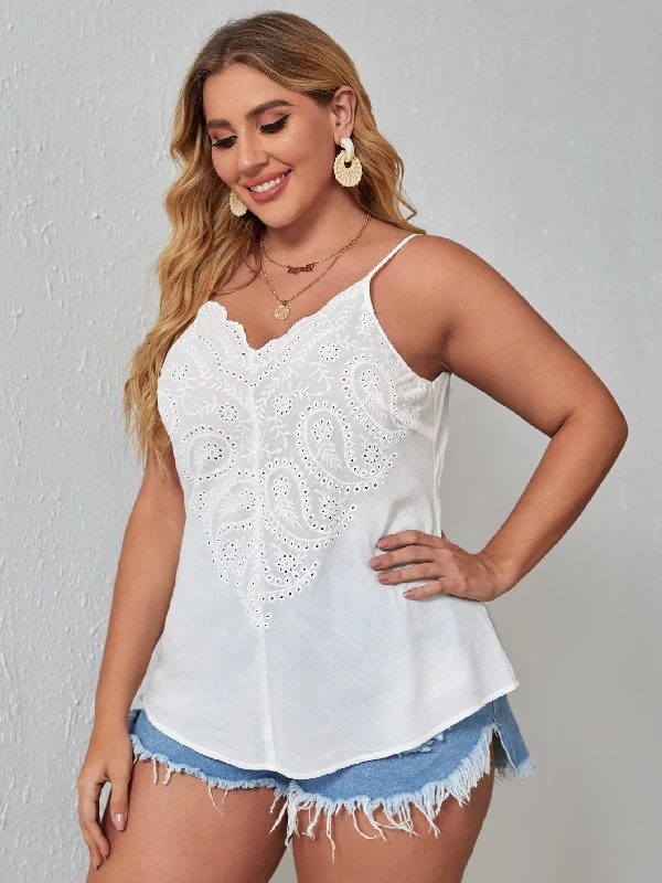 Plain Eyelet Embroidery Spaghetti Strap Semi-Sheer Regular Plus Size Tank Top & Cami