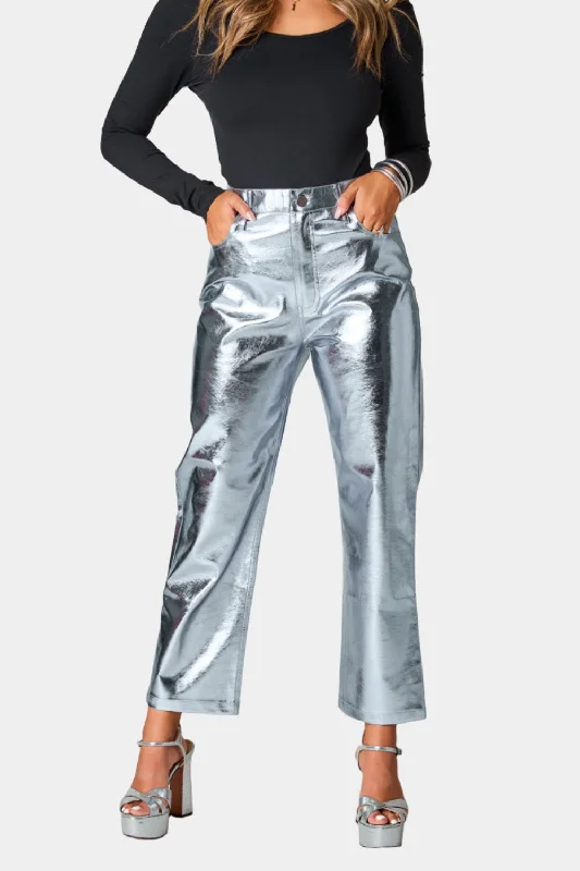 BuddyLove Travolta High-Rise Metallic Pants - Silver Vacation