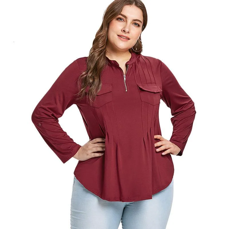 ANALUKE Front Pockets Half Zip Long Sleeve T-Shirt