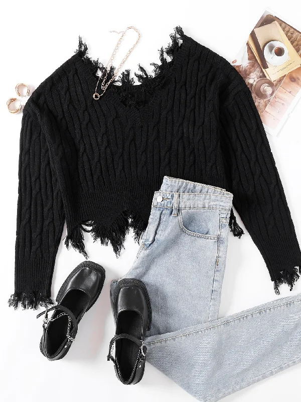 Casual Plain Raw Hem Three Quarter Length Sleeve Round Neck Crop Women Sweater Casual Women's Japanese 