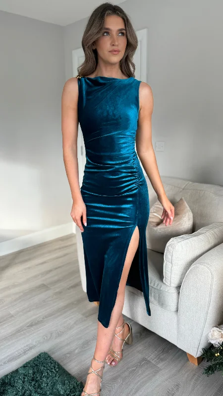 Monroe Blue Velvet Finish Shoulder Detail Midi Dress Adventure
