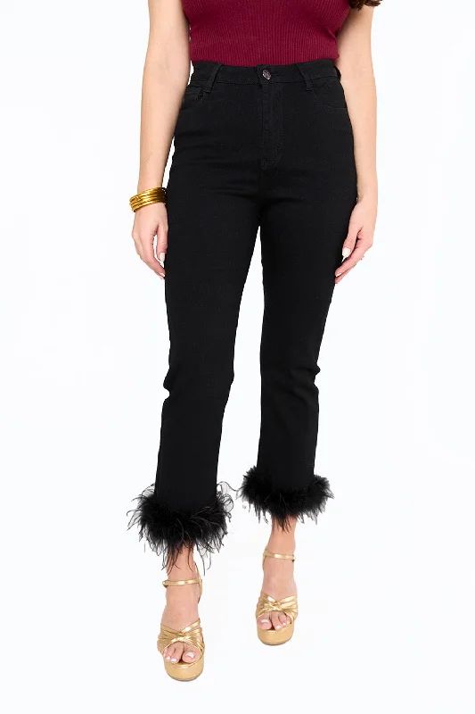 Kyla Feather Trim Pants - Black