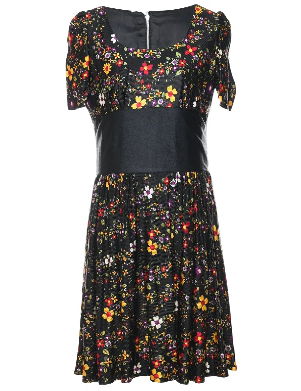 1970s Floral Print Multi-Colour Dress - M Sleek Women's 