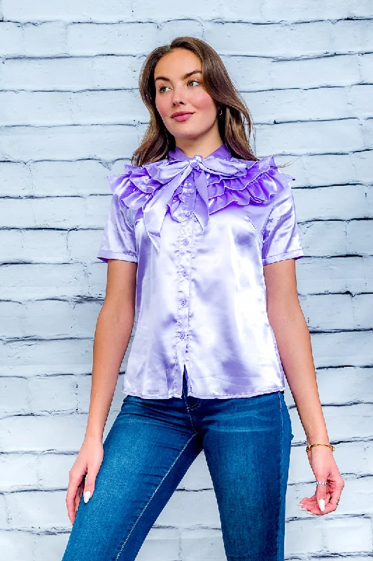 'Pretty in Pink' Satin Short Sleeve High Neck Top with Tiered Ruffle Yoke and Pussycat Bow Tie* (AB2512) Earthy Women's Hemp - based
