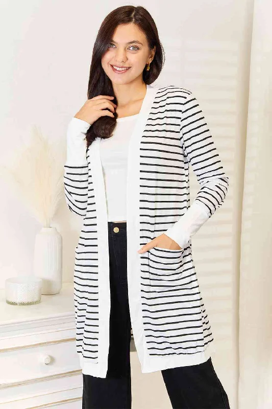 Double Take Striped Open Front Longline Cardigan Vacation