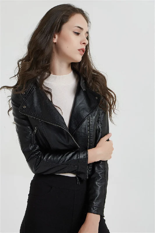 Fashion Women's Short Jacket With Washed Leather And Rivets