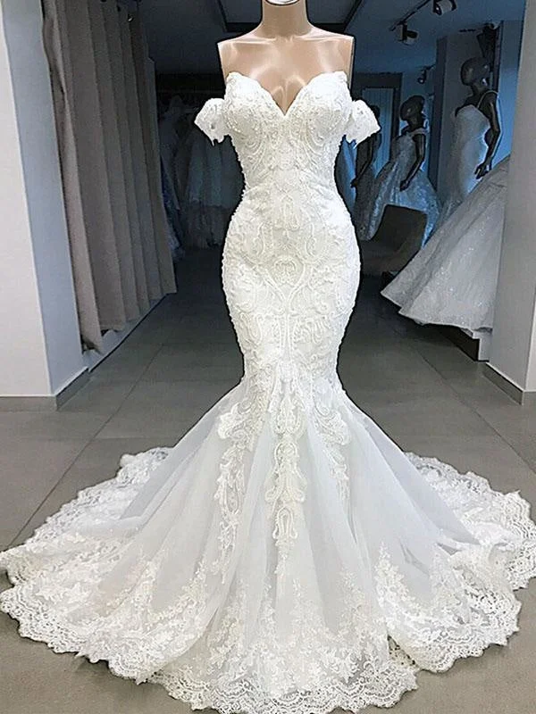Elegant Sweetheart Short Sleeves Lace Mermaid Wedding Dresses Sporty Women's Athleisure 
