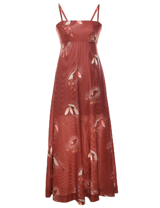 1970s Floral Print Maroon Strappy Maxi Dress - S Stylish Women's Tropical 