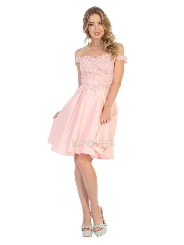 May Queen - MQ1766 Off Shoulder Beaded Lace Satin Cocktail Dress Monochromatic Office Style