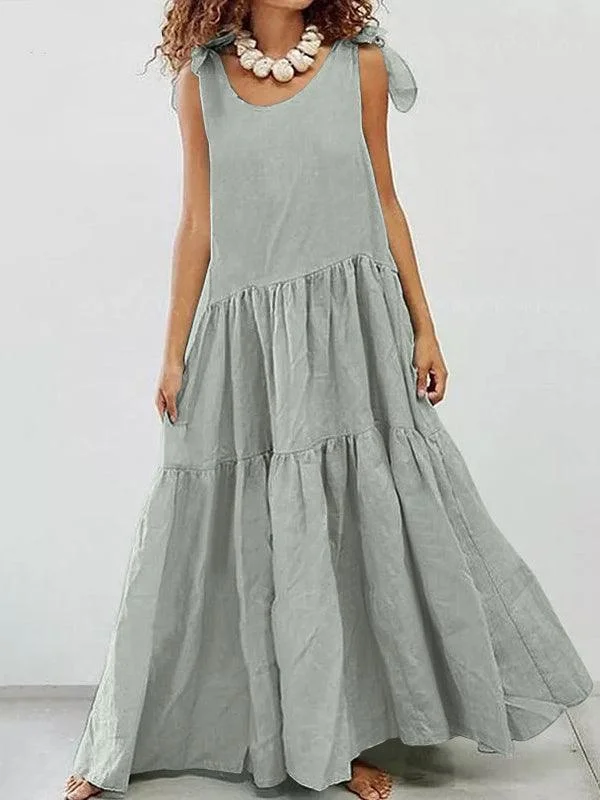 VibeMartini-Linen Cotton Large Swing Sleeveless Loose Casual Maxi Dress Preppy Women's College