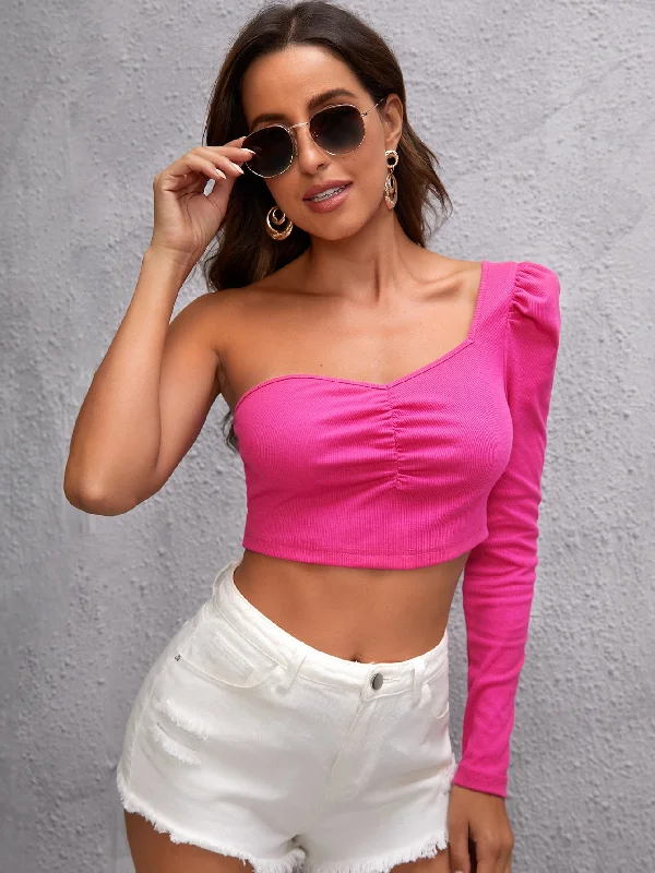 Sexy Plain Ruched Long Sleeve One Shoulder Crop Women Top