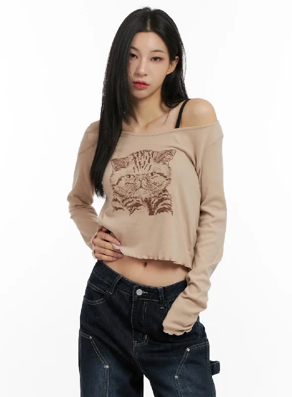 Cat Graphic Print Cropped Shirt CN416 Contemporary 
