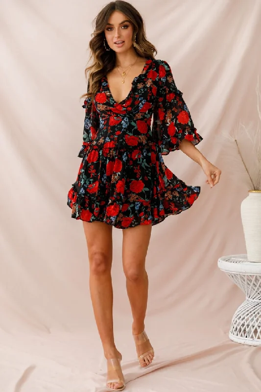 Albany Lace Up Back Frill Dress Black/Red Country