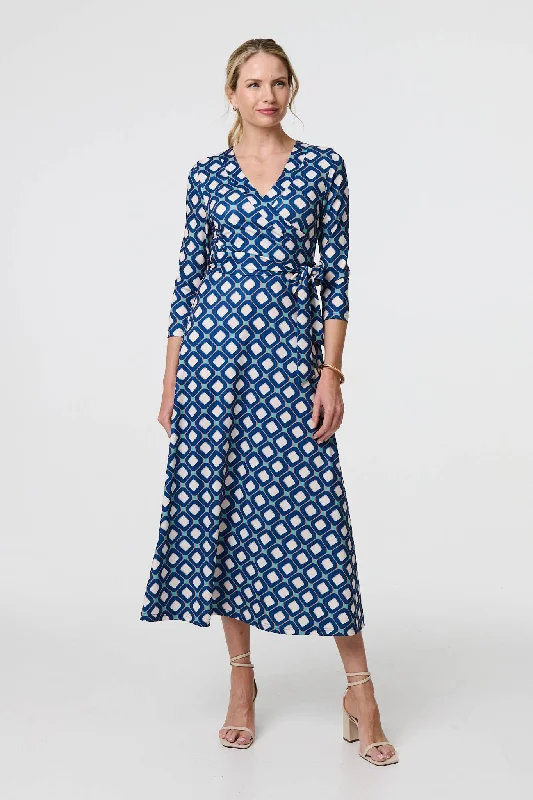 Geo Print 3/4 Sleeve Midi Wrap Dress Trendy Women's Oversized