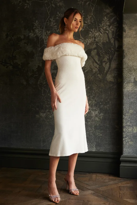 Angelica Off Shoulder Knit Midi Dress With Faux Fur - Ivory Modern Women's 