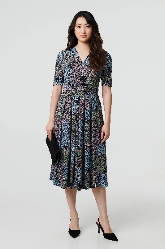 Leaf Print 1/2 Sleeve Faux Wrap Midi Dress Country