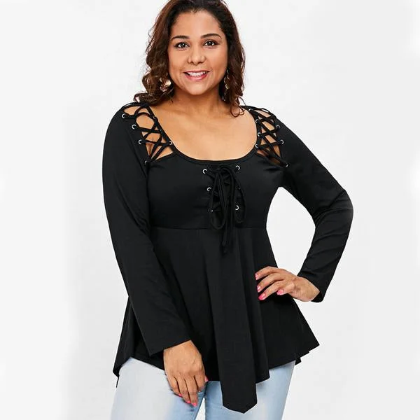 ANALUKE Criss Cross Lattice Long Sleeve T-Shirt Stylish Women's Tropical 