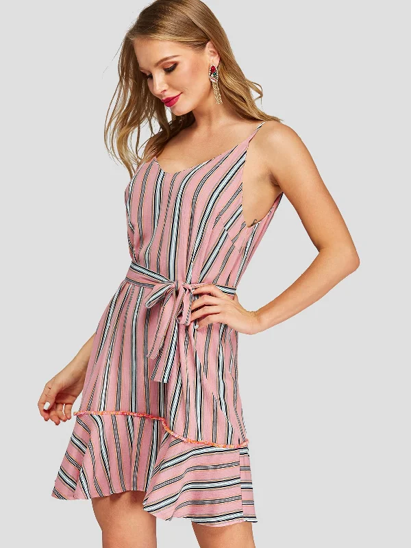 Wholesale V-Neck Stripe Belt Self-Tie Sleeveless Flounced Hem Mini Dress French