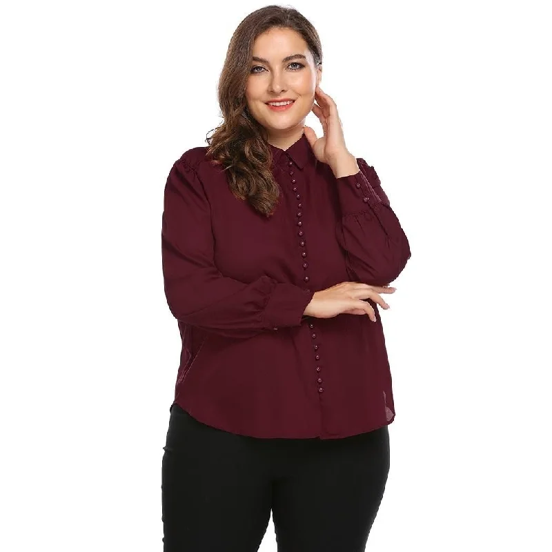 ANALUKE Loose Curved Hem Button  Long Sleeve Blouse