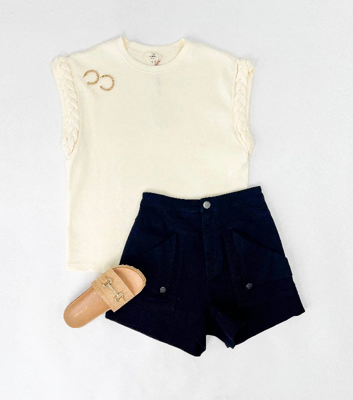ALL MY LOVE CREAM BRAIDED CUFF TOP Relaxed Women's Beachy