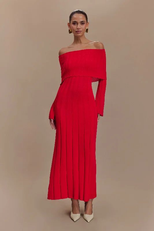 Alonza Long Sleeve Knit Midi Dress - Red Modern Women's Tech