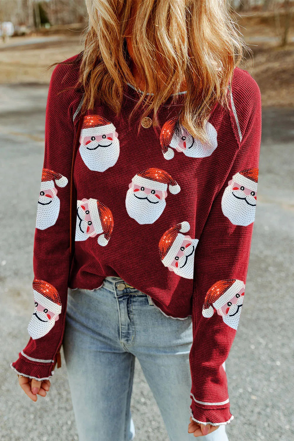 Sequin Santa Round Neck Long Sleeve Blouse | Christmas Sweater | Christmas Outfit Business