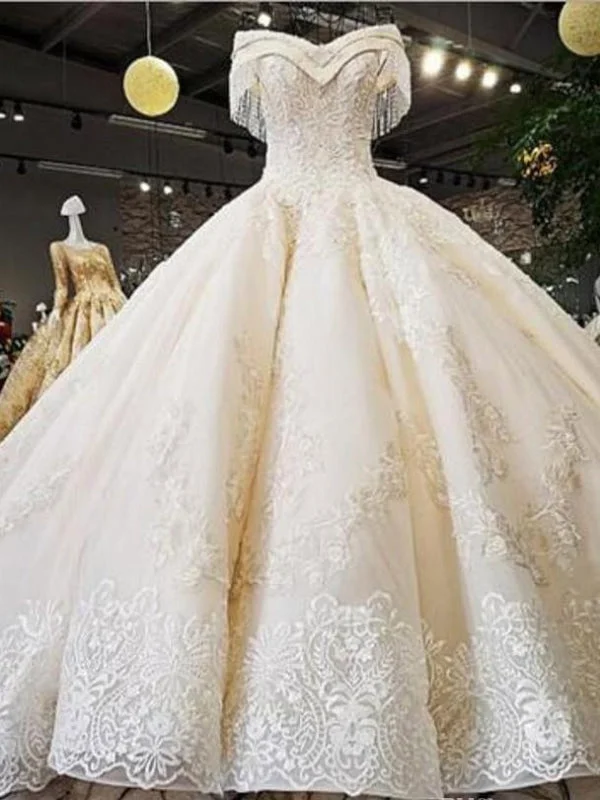 V-Neck Off-the-Shoulder Ball Gown Wedding Dresses Beaded Appliques Rugged Women's Outdoor 