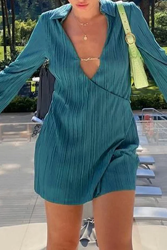 TastyHottie - Pleated Lapel Low Cut Mini Dress Monochromatic All - in - one