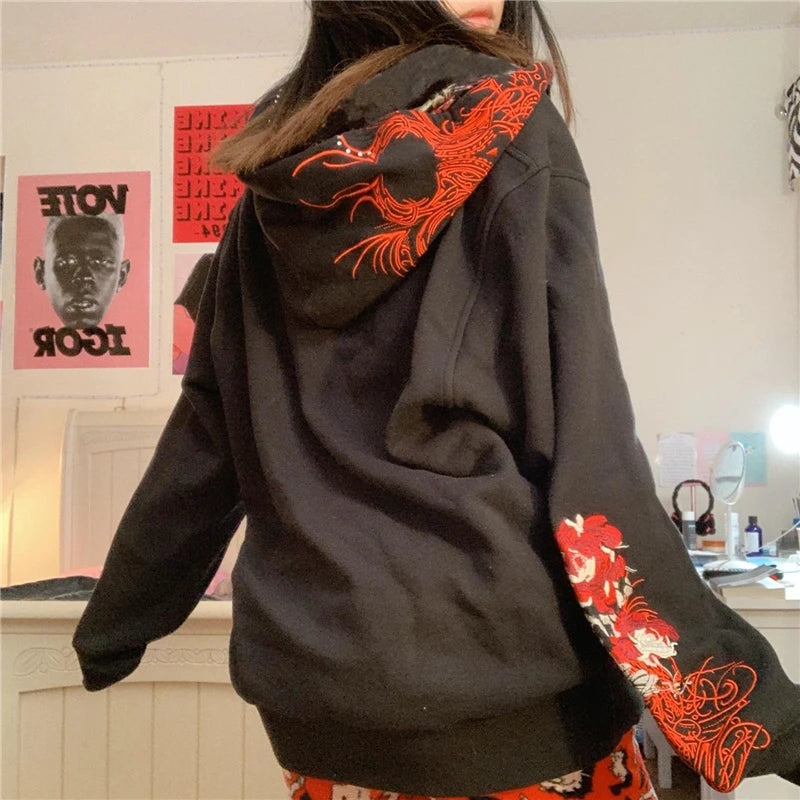 2000s Fairy Grunge Skull Print Long Sleeve Hooded Y2K Aesthetic Oversize Hoody Luxurious Women's High -  end