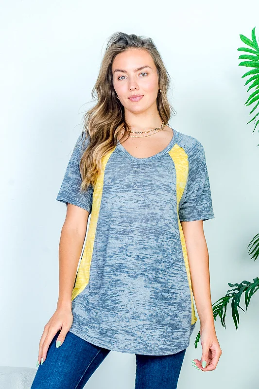 Rounded V Neck Short Raglan Sleeve Top with Yellow Stripes at Sides and Dolphin Hem in Heather Grey (HT9216) French