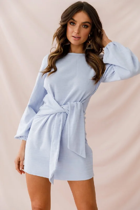 Rapt Waist Tie Bishop Sleeve Knit Dress Steel Blue Preppy Women's College