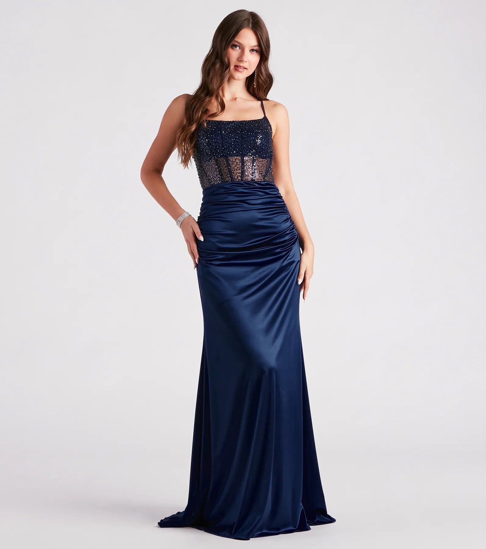 Carrie Formal Satin Sequin Corset Dress Geometric