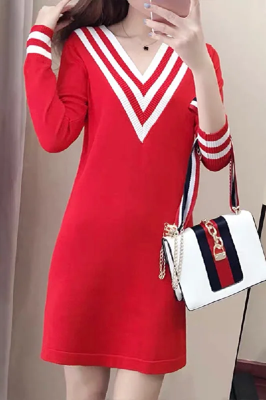 V Neck Knit Mini Dress Practical Women's Multi - 
