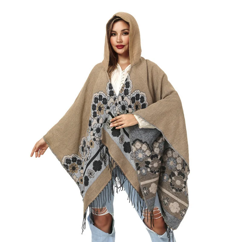 European And American Flower Woven Split Shawl Acrylic Fiber Hat Cloak Practical Women's Quick - dry
