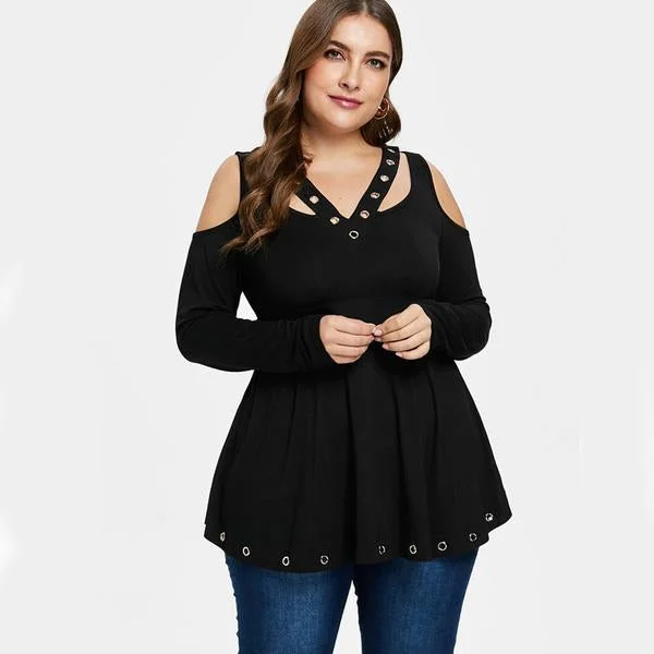 ANALUKE Cold Shoulder Grommet Long Sleeve T-Shirt Laid - back Women's Style