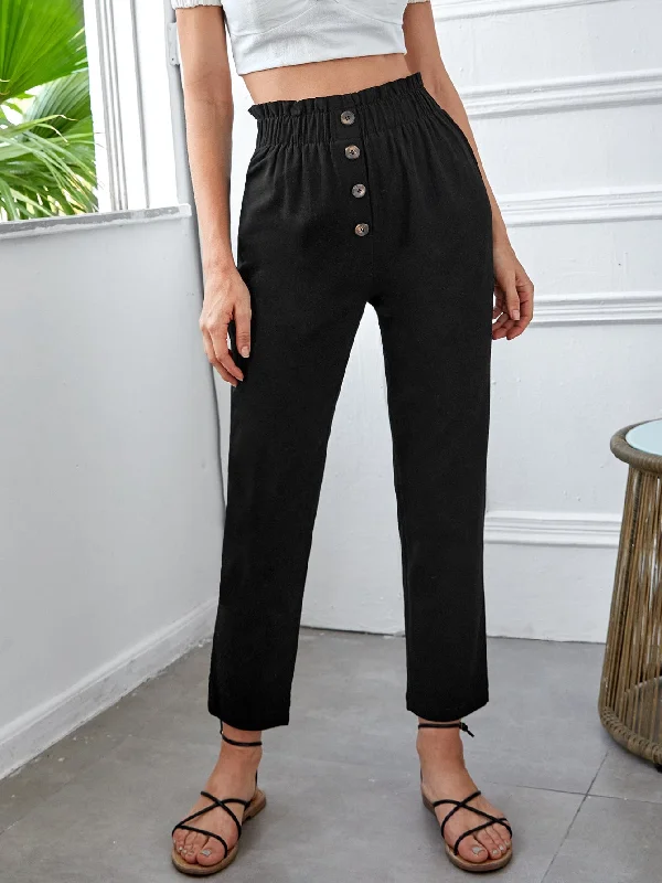 Casual Plain Paper Bag Waist High Waist Cropped Women Pants