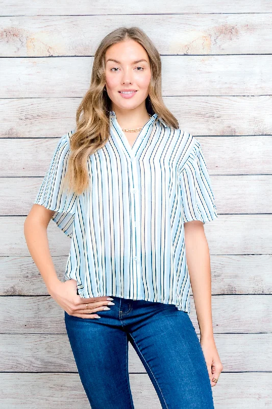 Striped Print Button Down Short Sleeve Top With Tie Back Detail In (ET63407B) Australian Beach Striped Print Button Down Short Sleeve Top With Tie Back Detail In (ET63407B) Australian Beach
